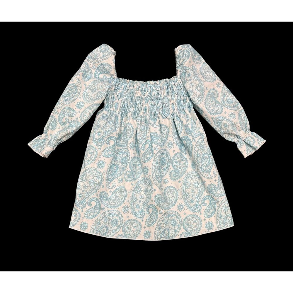 Toddler White & Baby Blue Paisley Pattern Sz 3T (Marked 3Y) Polyester Dress